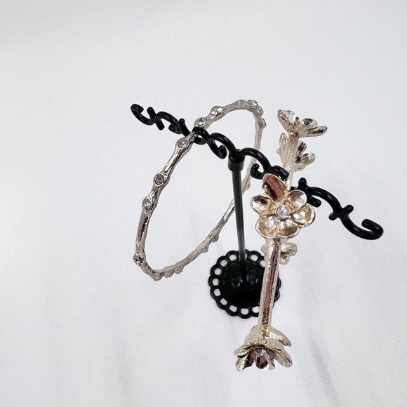 Set of 2 - Shiny Textured Gold Tone Flower & Jeweled Bangle Bracelets - Picture 4 of 7